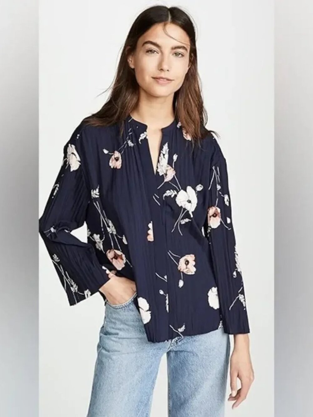 Vince Tossed Poppy Pleated 3/4 Sleeve Blouse Navy Pink Peach Size Small
